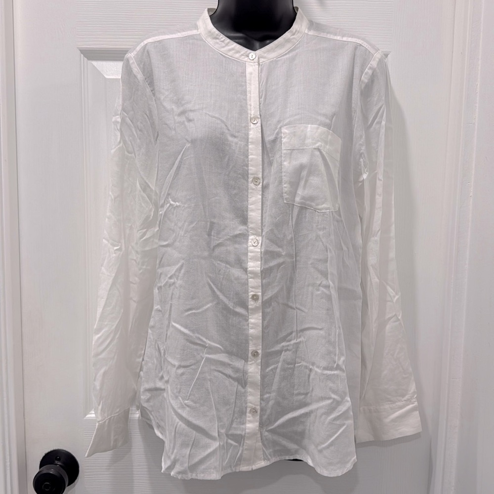 Eileen Fisher 100% Organic Cotton Long Sleeve Collarless Button Down Top